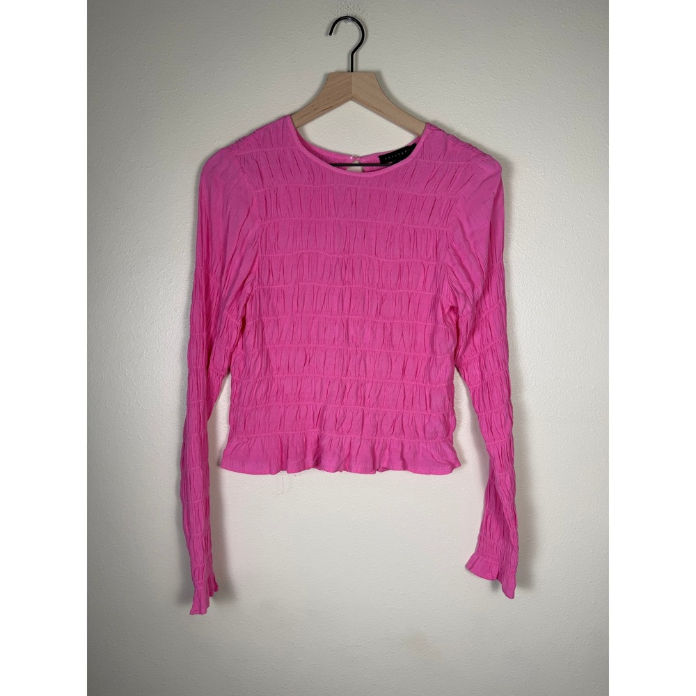 SANCTUARY Coquette StatementSmocked Women Small Pink Long Sleeve Ruffle Blouse